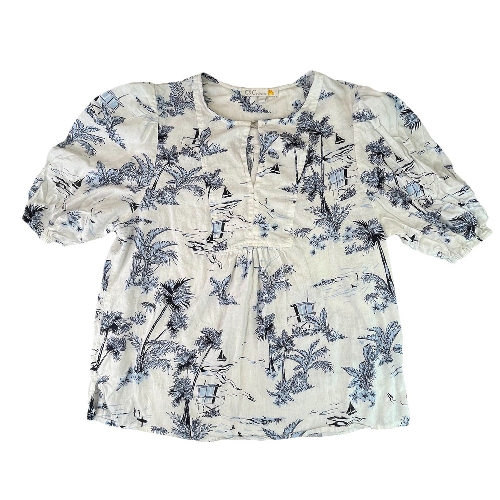 C&C California Women's Medium Linen Blend Puff Sleeve Tropical Coastal Sailboats